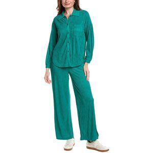 Marion Womens 2P Crinkled Plisse Button Shirt & Pant Set, Green